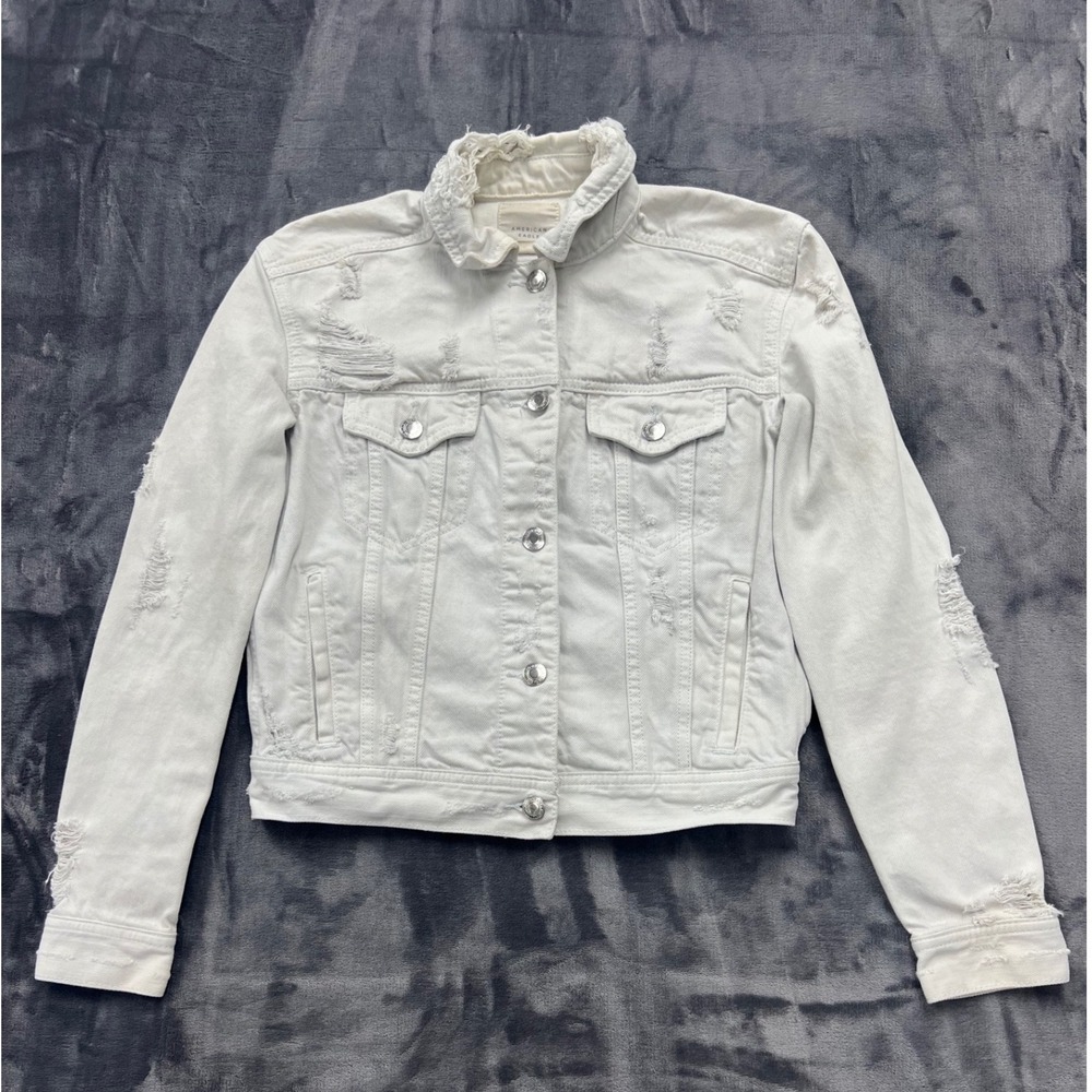 American Eagle Distressed Denim Jacket Women XXS White Trucker Ripped‎ Cotton